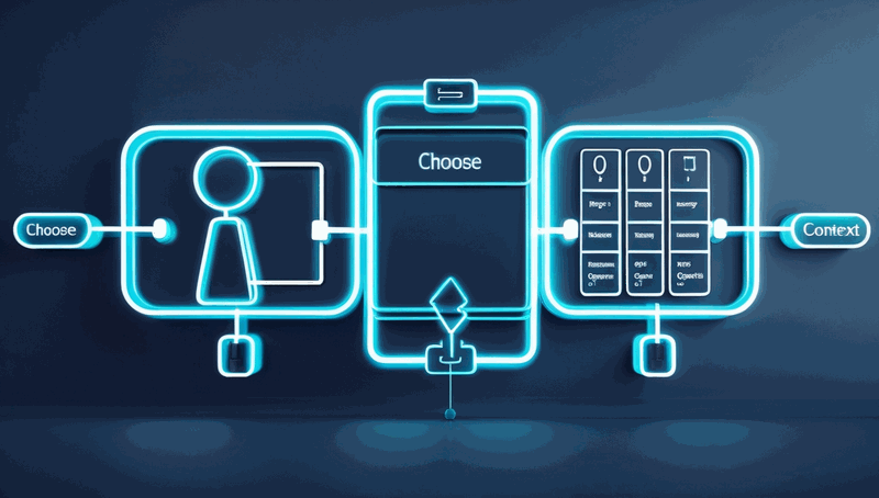 A decision fork in a pipeline diagram showing two paths: direct context loading on one side and a retrieval augmented generation pipeline on the other, with a five-dimension checklist at the decision point