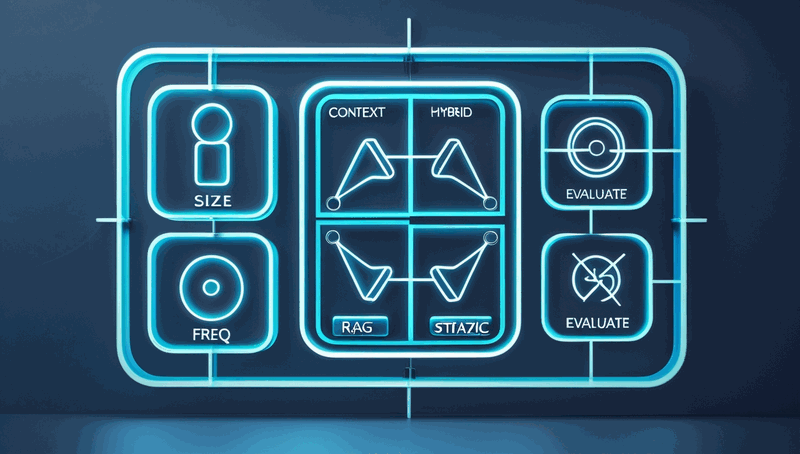 A two-axis chart with corpus size on the horizontal axis and update frequency on the vertical axis, showing four quadrants labelled: context loading preferred, retrieval augmented generation preferred, hybrid zone, and evaluate per constraint