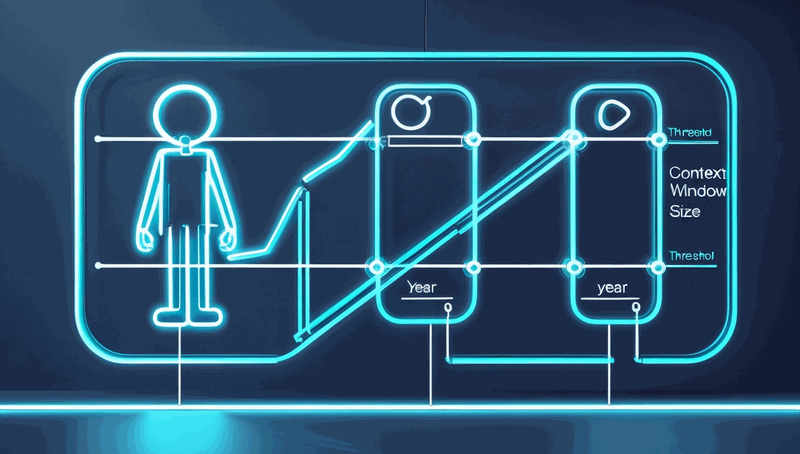 A timeline diagram showing context window size growth over two years, with a threshold boundary line indicating where the break-even point between context loading and retrieval infrastructure sits, and the boundary shifting rightward over time