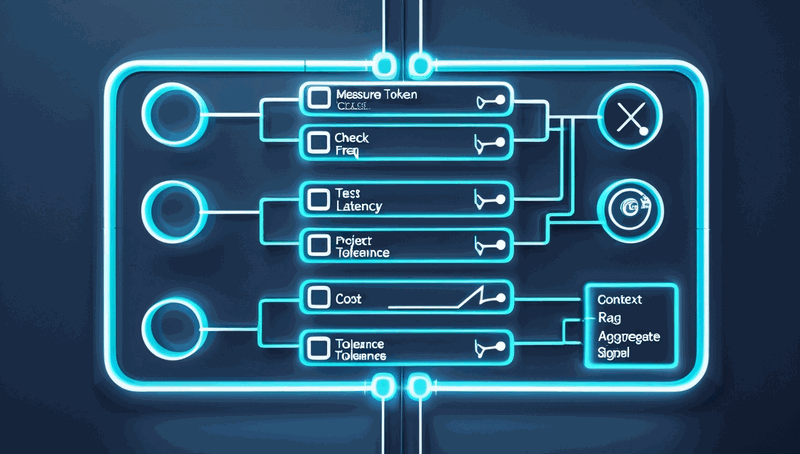 A checklist-style diagram showing the pre-build diagnostic steps: measure corpus token count, assess update frequency, test latency under load, calculate cost projection, define accuracy tolerance — with checkboxes and a summary signal output at the bottom