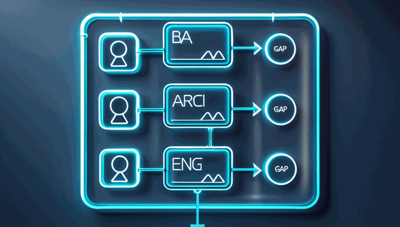 Flowchart showing a governance requirement stated by a business analyst transforming into different vocabulary at the architecture layer and again at the engineering layer, with no explicit mapping connecting the three representations