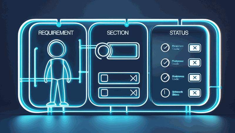 A checklist diagram showing a post-implementation validation review with three columns: requirement name, governing standard