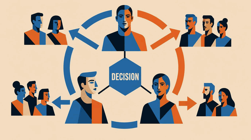 A visual of three stakeholder nodes connected by arrows pointing away from a central architecture decision, representing