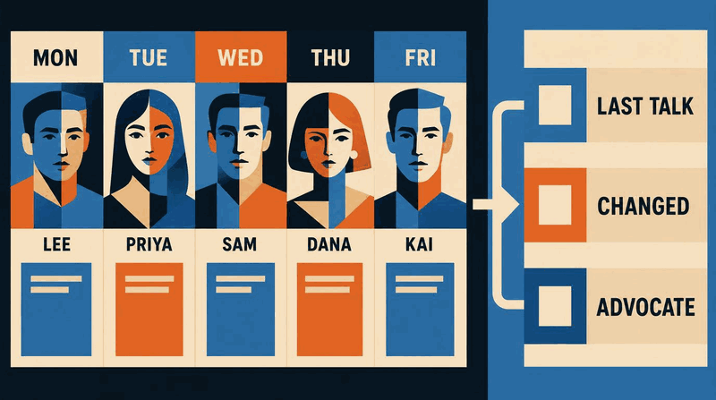A weekly calendar view showing one stakeholder conversation per week rotating through influence levels, with a
