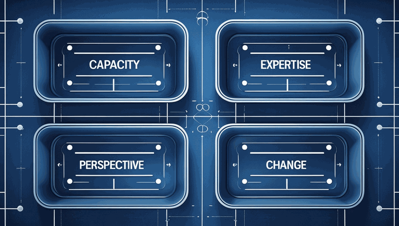 Four distinct containers labelled capacity, expertise, perspective, and change-delivery, representing the four mandate