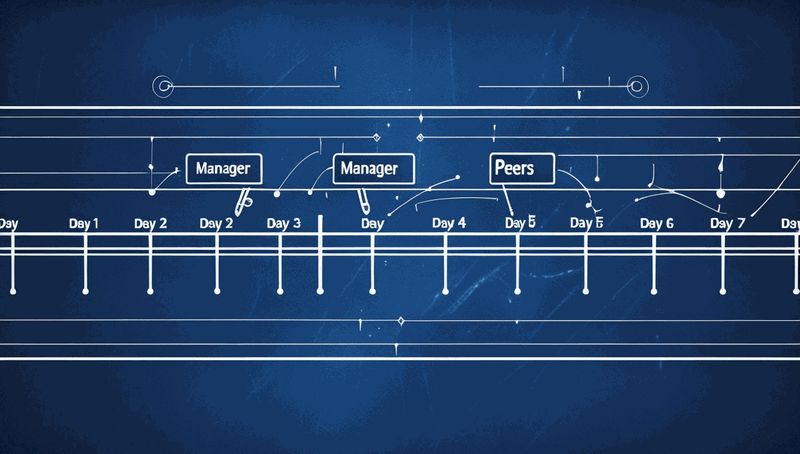 A timeline representing the first week of a new role, with two marked points showing when to ask the manager question and