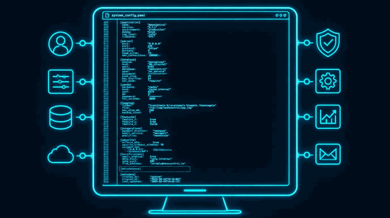 A large structured configuration file displayed on screen with all section headers visible, appearing complete but