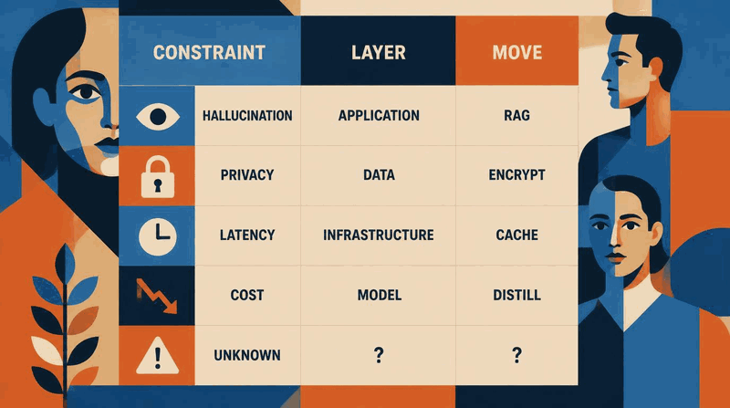 Constraint map worksheet showing five AI limitations mapped to three architectural layers with a design move written for