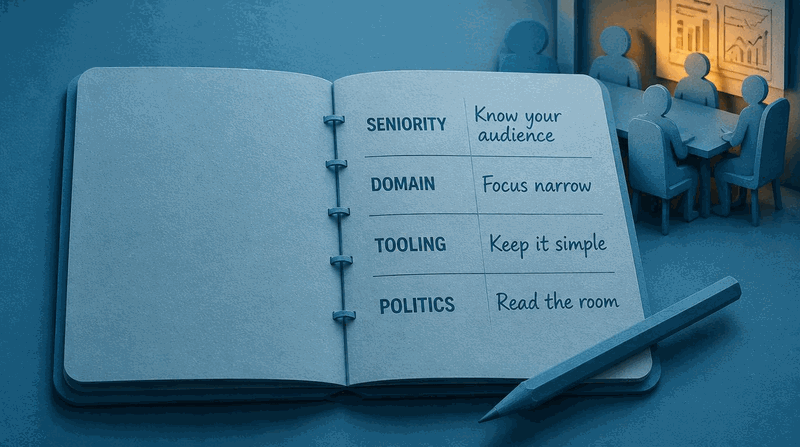 A notebook page showing a written successor persona with four fields: seniority, domain background, tooling familiarity, and