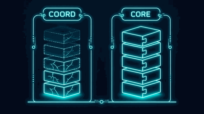 A diagram showing two columns: coordination patterns justified by team size and elapsed time on the left becoming optional