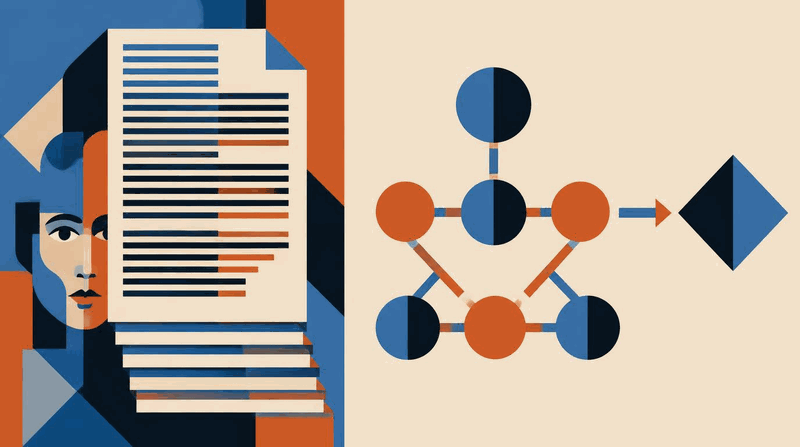 A split diagram showing a dense narrative document on the left labelled 'static record' and a structured queryable model on