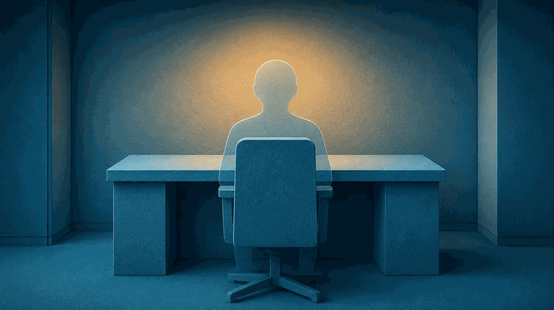 A single chair at an empty desk, viewed from behind, suggesting an inherited position with an unread history