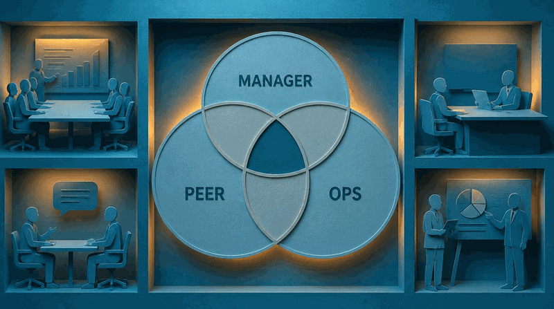 A Venn diagram of three overlapping circles labelled hiring manager, peer architect, and downstream consumer, with the